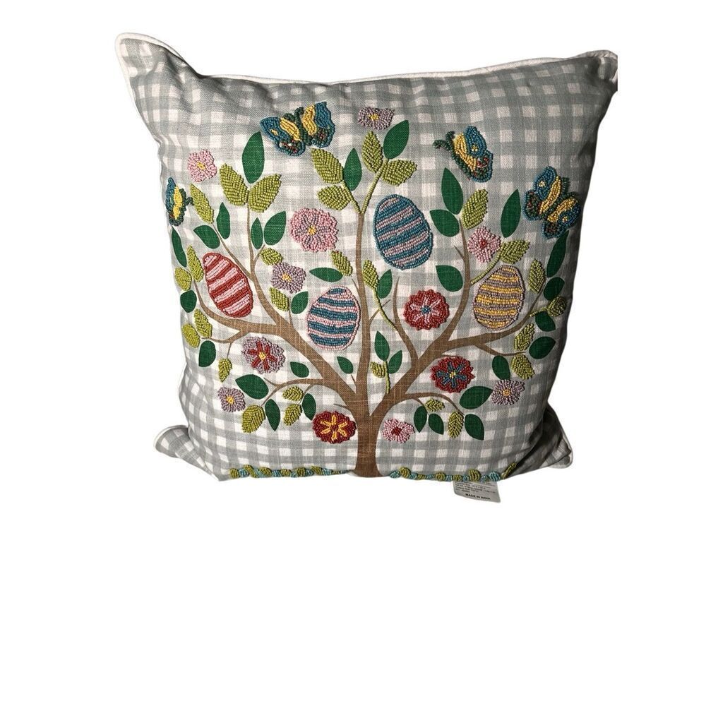 Lacourte 20″ x 20″ Easter Egg Tree Beaded Decorative Pillow, Green Gingham Print - Picture 4 of 10